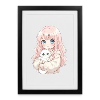 Anime Girl Cat Japan Kawaii Cat Lover - Affiche encadrée (27 × 37 cm) - noir - Devant
