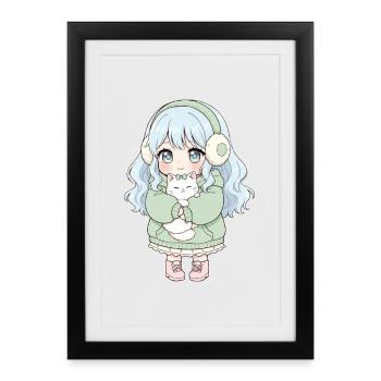 Anime Girl Cat Japan Kawaii Cat Lover - Affiche encadrée (27 × 37 cm) - noir - Devant