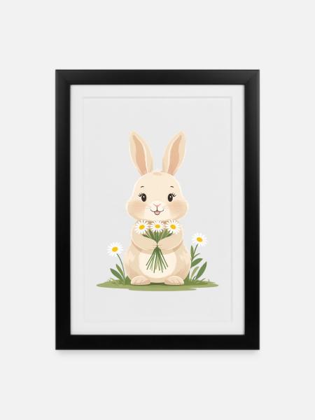 Zartes Häschen mit Gänseblümchen - Gerahmtes Poster (27 × 37 cm) - Schwarz