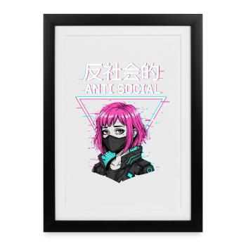 Antisocial Japanese Vaporwave Anime Girl - Framed poster (27 × 37 cm) - black - Front
