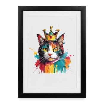 Colorful Cat with the crown of king in watercolors - Framed poster (27 × 37 cm) - black - Front