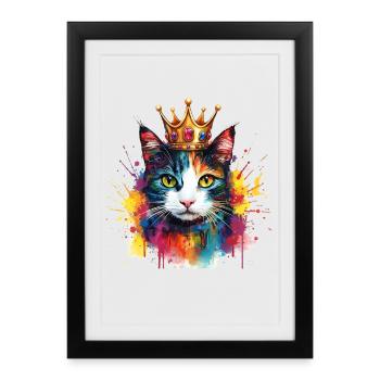 Colorful Cat with the crown of king in watercolors - Framed poster (27 × 37 cm) - black - Front