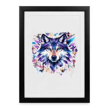 Polygon Wolf Graffiti – Bunter Wolf Kopf Urban Art - Gerahmtes Poster (27 × 37 cm) - Schwarz - Vorne