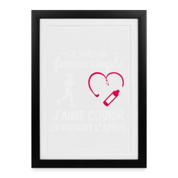 Femme simple humour course à pied et apéro - Affiche encadrée (27 × 37 cm) - noir - Devant