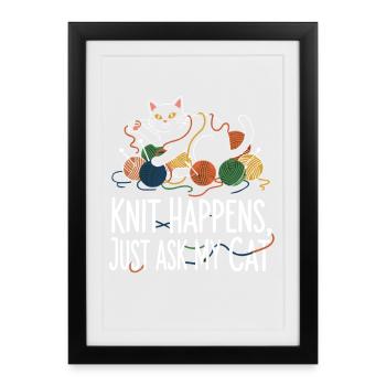 Le tricot arrive – Demandez à mon chat - Affiche encadrée (27 × 37 cm) - noir - Devant