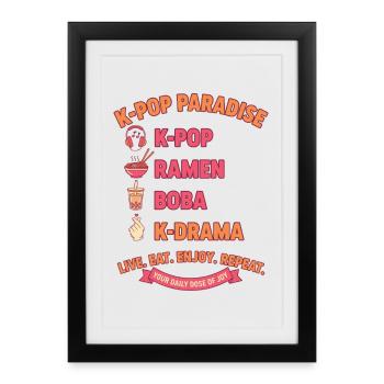 K-Pop Paradis Ramen Boba K Drame Live Manger Profiter - Affiche encadrée (27 × 37 cm) - noir - Devant