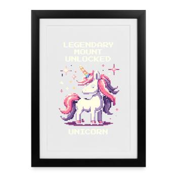 Legendäres Reittier freigeschaltet | Einhorn - Gerahmtes Poster (27 × 37 cm) - Schwarz - Vorne