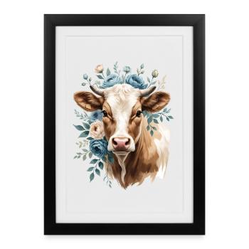 Portrait de vache avec une couronne de fleurs - Affiche encadrée (27 × 37 cm) - noir - Devant