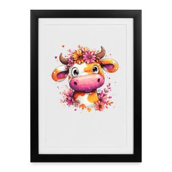 Vache fleurie dans un style aquarelle - Affiche encadrée (27 × 37 cm) - noir - Devant