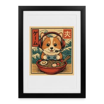 Ramen Corgi Gaming Anime Japanese Noodle Bowl - Framed poster (27 × 37 cm) - black - Front