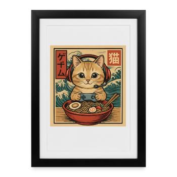 Japanese Ramen Cat Gaming Otaku Noodle Bowl - Framed poster (27 × 37 cm) - black - Front