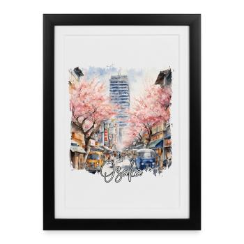 Aquarelle d’Osaka, Osaka Japon - Affiche encadrée (27 × 37 cm) - noir - Devant