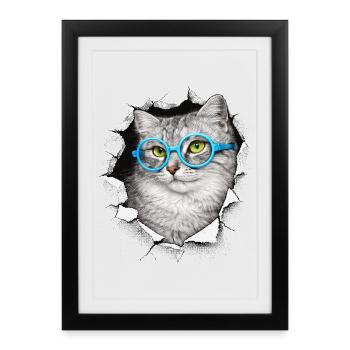 Cute Cat – Blue Glasses Mixed Media Art - Framed poster (27 × 37 cm) - black - Front