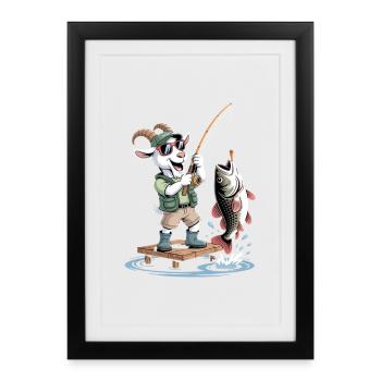 Funny Fishing Goat with Big Fish Catch - Framed poster (27 × 37 cm) - black - Front