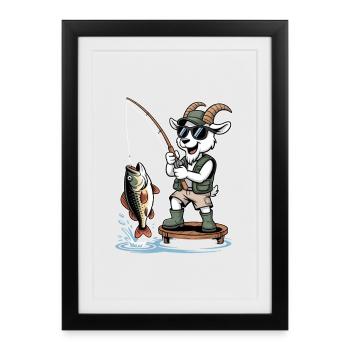 Funny fishing goat with big catch at the lake - Framed poster (27 × 37 cm) - black - Front