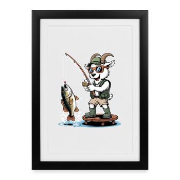Funny fishing goat with big catch - Framed poster (27 × 37 cm) - black - Front