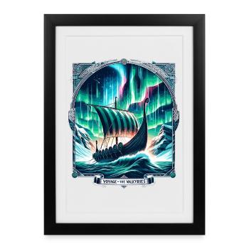 Vaisseau viking dans le paradis des aurores boréales - Affiche encadrée (27 × 37 cm) - noir - Devant