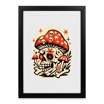 Mushroom Skull Psychédélie rétro - Affiche encadrée (27 × 37 cm) - noir - Devant