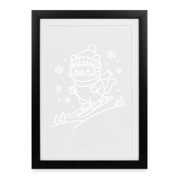 Skiing Kawaii Cat - Affiche encadrée (27 × 37 cm) - noir - Devant