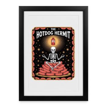 Le squelette ermite de hot-dog médite sur des saucisses - Affiche encadrée (27 × 37 cm) - noir - Devant