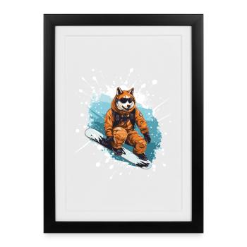 Akita Dog Snowboard - Framed poster (27 × 37 cm) - black - Front