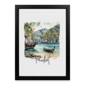Aquarelle de Phuket, Phuket Thaïlande - Affiche encadrée (27 × 37 cm) - noir - Devant