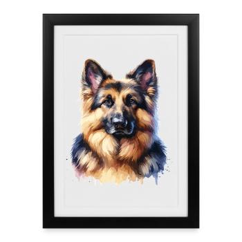 Portrait du berger allemand en style aquarelle - Affiche encadrée (27 × 37 cm) - noir - Devant