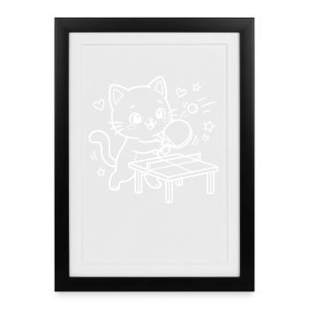 Joueur de tennis de table Kawaii Cat - Affiche encadrée (27 × 37 cm) - noir - Devant