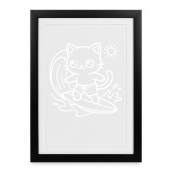 Kawaii Cat Surfer - Affiche encadrée (27 × 37 cm) - noir - Devant