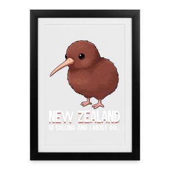 New Zealand Is Calling And I Must Go Kiwi - Framed poster (27 × 37 cm) - black - Front