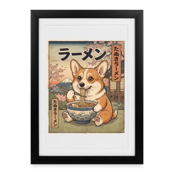 Corgi Ramen style vintage japonais - Affiche encadrée (27 × 37 cm) - noir - Devant