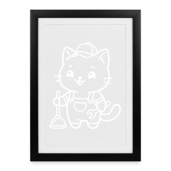 Plombier Kawaii Cat - Affiche encadrée (27 × 37 cm) - noir - Devant