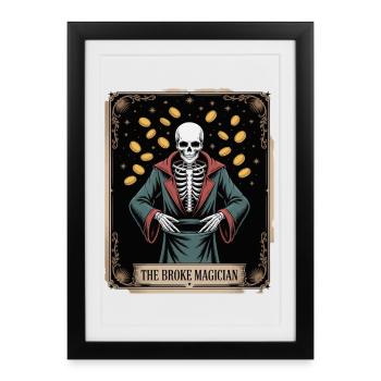 Le magicien fauché squelette sorcier avec des pièces de monnaie - Affiche encadrée (27 × 37 cm) - noir - Devant