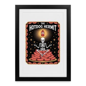 Le squelette ermite de hot-dog médite sur des saucisses - Affiche encadrée (27 × 37 cm) - noir - Devant