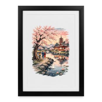 Fleurs traditionnelles de cerisier japonais - Affiche encadrée (27 × 37 cm) - noir - Devant