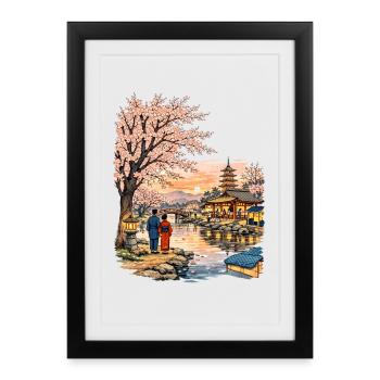 Fleurs traditionnelles de cerisier japonais - Affiche encadrée (27 × 37 cm) - noir - Devant