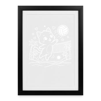 Kawaii Katze Beachvolleyball - Gerahmtes Poster (27 × 37 cm) - Schwarz - Vorne