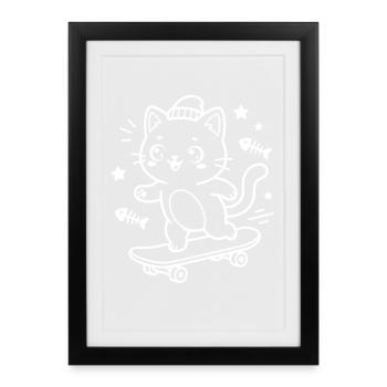 Skateboarding Kawaii Cat - Framed poster (27 × 37 cm) - black - Front