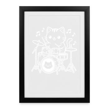 Kawaii Cat Drummer - Framed poster (27 × 37 cm) - black - Front