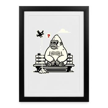 Gorilla on Bench with Curious Bird - Framed poster (27 × 37 cm) - black - Front