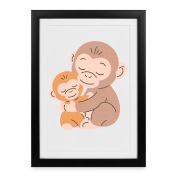 Les singes s’embrassent : Mère et Bébé - Affiche encadrée (27 × 37 cm) - noir - Devant