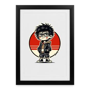 Chibi Urban Rebel avec des lunettes - Affiche encadrée (27 × 37 cm) - noir - Devant