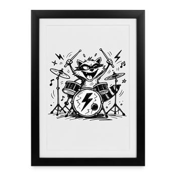Battement comique Raccoon Drummer - Affiche encadrée (27 × 37 cm) - noir - Devant
