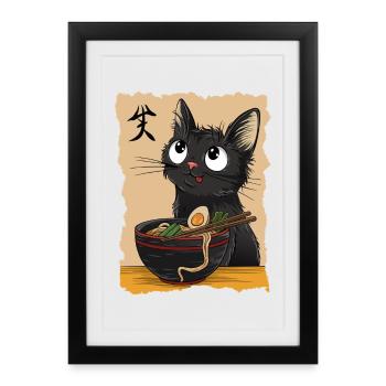 Chat noir drôle mangeant des nouilles ramen Nourriture japonaise - Affiche encadrée (27 × 37 cm) - noir - Devant