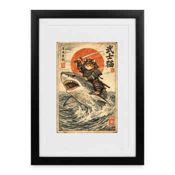 Samurai Cat, Japanese Warrior & Fighter, Shark - Framed poster (27 × 37 cm) - black - Front