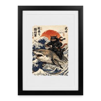 Ninja Cat, Japanese Warrior & Fighter, Shark - Framed poster (27 × 37 cm) - black - Front