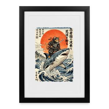 Ninja Cat, Japanese Warrior & Fighter, Shark - Framed poster (27 × 37 cm) - black - Front