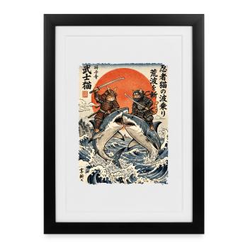 Samurai Cat, Ninja Cat, Shark, Japanese - Framed poster (27 × 37 cm) - black - Front