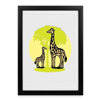 Safari familial de girafes nature Art rétro de dessins animés - Affiche encadrée (27 × 37 cm) - noir - Devant