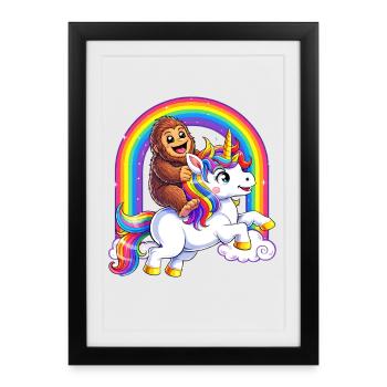 Bigfoot chevauchant licorne amoureuse de licorne Rainbow Sasquatch - Affiche encadrée (27 × 37 cm) - noir - Devant